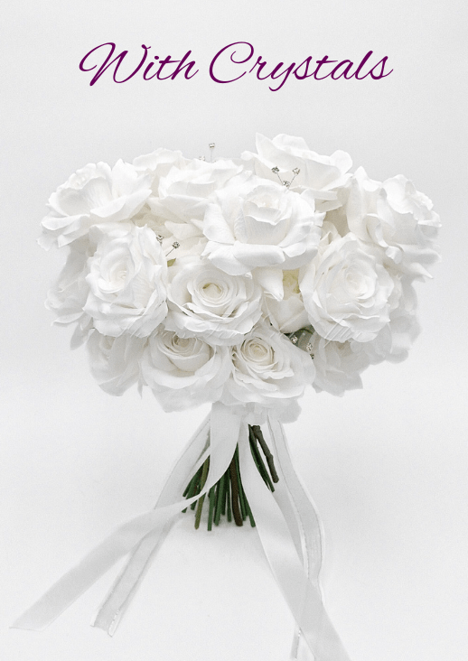 Artificial wedding bridal bouquet with white faux roses, white peonies, crystal accents and trailing ivory ribbon. Made in Melbourne by Flowers For Ever After, shipping Australia and Worldwide.