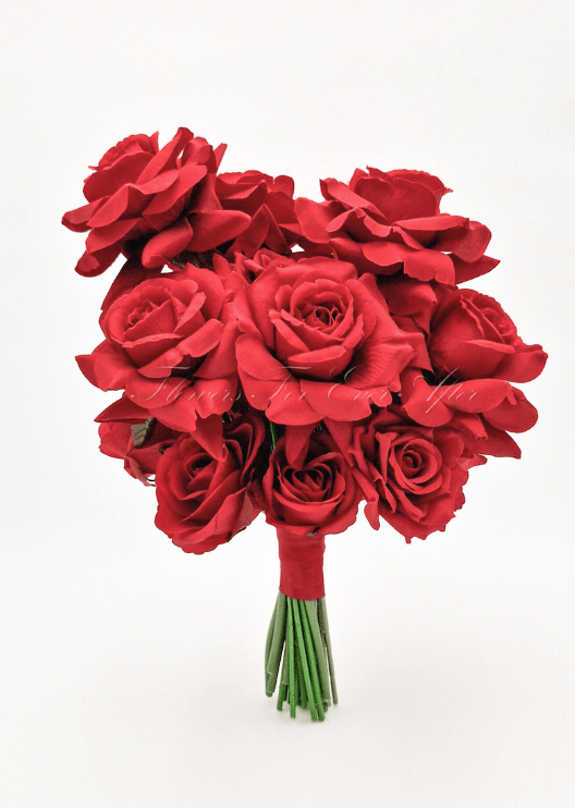Artificial wedding bridal bouquet, side view of mixed faux roses, small flowers and wrapped stems. Made in Melbourne by Flowers For Ever After, shipping Australia and Worldwide.