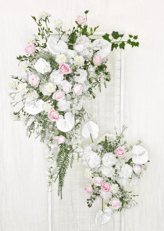 Artificial wedding ceremony floral pair with pink and white faux roses, white anthuriums, hydrangea and trailing green foliage. Made in Melbourne by Flowers For Ever After, shipping Australia and Worldwide.