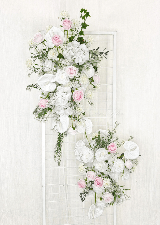 Artificial wedding ceremony floral pair, angled view of pink and white faux roses, white anthuriums, hydrangea and cascading greenery. Made in Melbourne by Flowers For Ever After, shipping Australia and Worldwide.