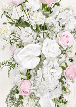 Artificial wedding ceremony arrangement with pink and white faux roses, white anthuriums, hydrangea and cascading green foliage. Made in Melbourne by Flowers For Ever After, shipping Australia and Worldwide.