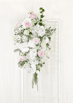 Artificial wedding ceremony floral pair with pink and white faux roses, white anthuriums, hydrangea and long trailing greenery. Made in Melbourne by Flowers For Ever After, shipping Australia and Worldwide.