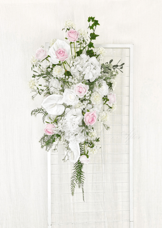 Artificial wedding ceremony floral pair with pink and white faux roses, white anthuriums, hydrangea and long trailing greenery. Made in Melbourne by Flowers For Ever After, shipping Australia and Worldwide.