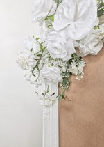Artificial wedding sign flower detail showing white faux roses, small white blooms and fine trailing sprigs. Made in Melbourne by Flowers For Ever After, shipping Australia and Worldwide.