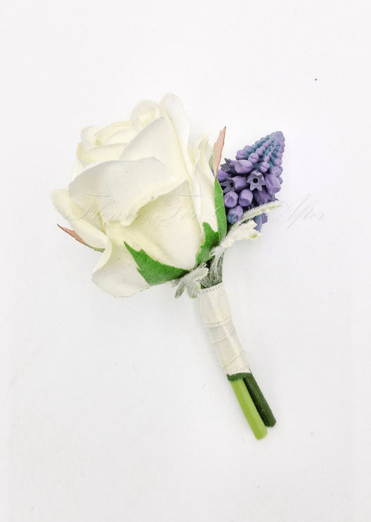Artificial wedding boutonniere with a cream faux rose, a purple flower spike, pale silver sprigs and ivory-wrapped stems. For formals, proms and ball occasions. Made in Melbourne by Flowers For Ever After, shipping Australia and Worldwide.