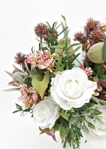 Artificial wedding bridesmaid bouquet, front view of native-style faux flowers and green leaves. Made in Melbourne by Flowers For Ever After, shipping Australia and Worldwide.