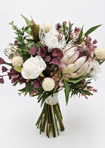 Artificial wedding bridal bouquet, front view of native-style faux blooms and green foliage. Made in Melbourne by Flowers For Ever After, shipping Australia and Worldwide.