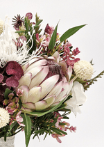 Artificial wedding bridal bouquet, side view of native-style faux flowers and wrapped stems. Made in Melbourne by Flowers For Ever After, shipping Australia and Worldwide.
