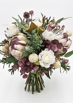 Artificial wedding bridal bouquet with native-style faux flowers, small blooms and green leaves. Made in Melbourne by Flowers For Ever After, shipping Australia and Worldwide.