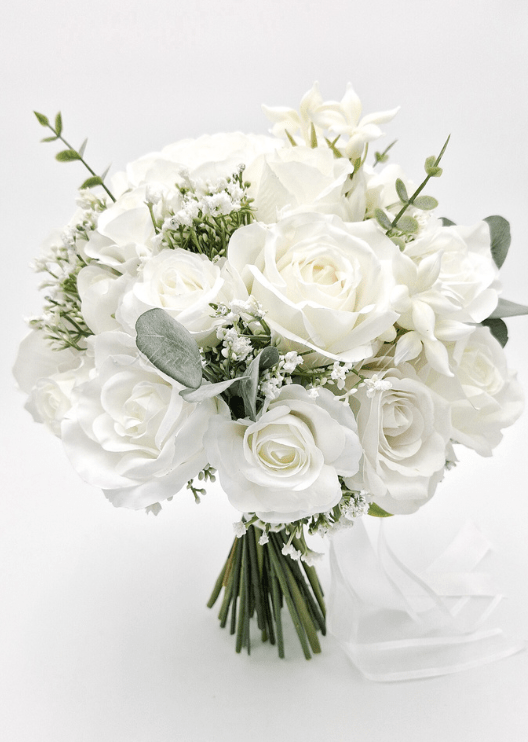 Artificial wedding bouquet with mixed faux flowers, small blooms and green foliage. Made in Melbourne by Flowers For Ever After, shipping Australia and Worldwide.