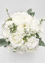 Artificial wedding bouquet, front view of mixed faux blooms and green leaves. Made in Melbourne by Flowers For Ever After, shipping Australia and Worldwide.