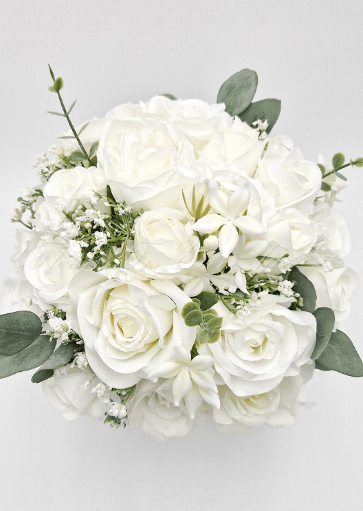 Artificial wedding bouquet, front view of mixed faux blooms and green leaves. Made in Melbourne by Flowers For Ever After, shipping Australia and Worldwide.