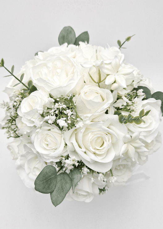 Artificial wedding bouquet, reverse view of mixed faux blooms, foliage and wrapped stems. Made in Melbourne by Flowers For Ever After, shipping Australia and Worldwide.