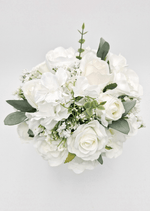 Artificial wedding bridesmaid bouquet, top view of white faux roses, white blooms, fine filler flowers and eucalyptus. Made in Melbourne by Flowers For Ever After, shipping Australia and Worldwide.