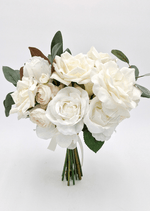 Artificial wedding bridesmaid bouquet with ivory faux roses, pale ranunculus, white flowers, eucalyptus and wrapped stems. Made in Melbourne by Flowers For Ever After, shipping Australia and Worldwide.