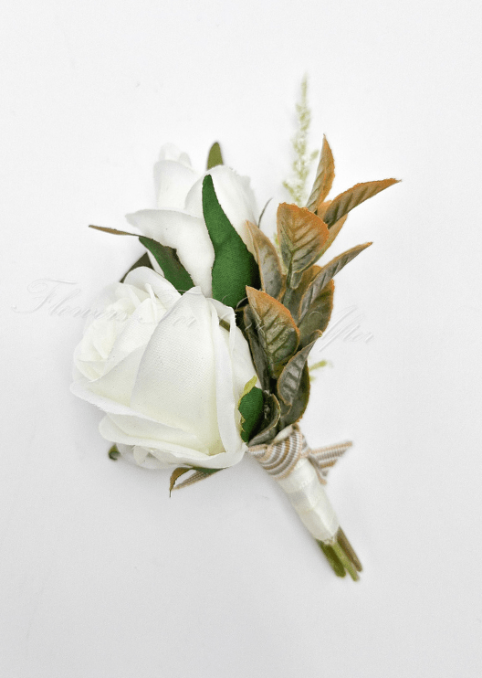 Artificial wedding boutonniere with an ivory faux rose, a small white bloom, pale sprig, brown-green leaves and twine bow. For formals, proms and ball occasions. Made in Melbourne by Flowers For Ever After, shipping Australia and Worldwide.