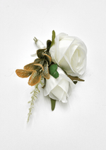 Artificial wedding boutonniere, top view of an ivory faux rose, small white flower and brown-green foliage. For formals, proms and ball occasions. Made in Melbourne by Flowers For Ever After, shipping Australia and Worldwide.