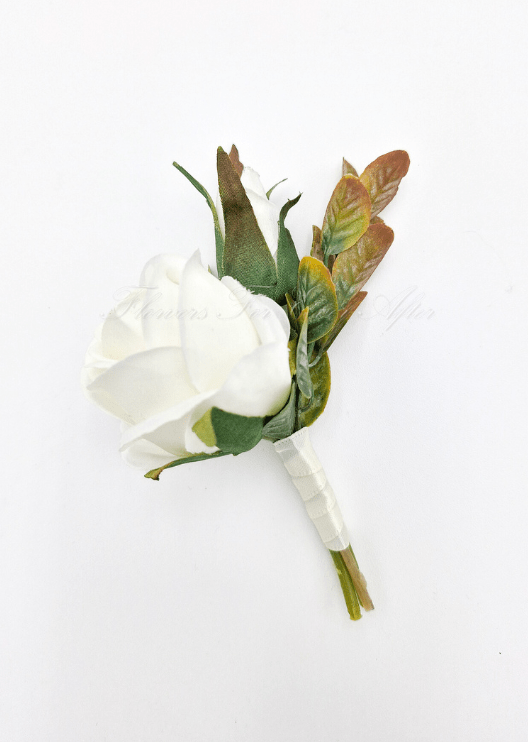 Artificial wedding boutonniere with an ivory faux rose, brown-green foliage and an ivory-wrapped stem. For formals, proms and ball occasions. Made in Melbourne by Flowers For Ever After, shipping Australia and Worldwide.