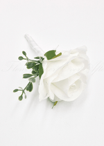 Artificial wedding boutonniere with a faux rose, filler sprigs and wrapped stems. For formals, proms and ball occasions. Made in Melbourne by Flowers For Ever After, shipping Australia and Worldwide.