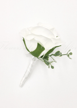 Artificial wedding boutonniere close-up showing faux rose petals and small filler flowers. For formals, proms and ball occasions. Made in Melbourne by Flowers For Ever After, shipping Australia and Worldwide.