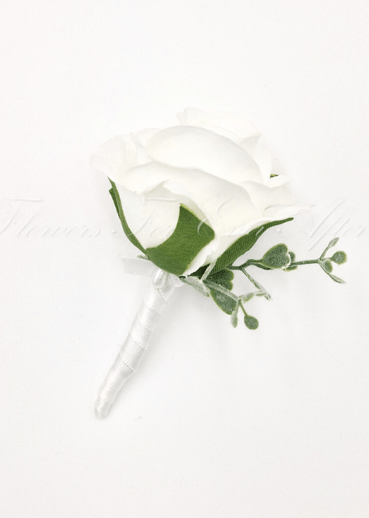 Artificial wedding boutonniere close-up showing faux rose petals and small filler flowers. For formals, proms and ball occasions. Made in Melbourne by Flowers For Ever After, shipping Australia and Worldwide.