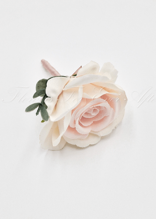 Artificial wedding boutonniere with a faux rose, small flowers and a ribbon-wrapped stem. For formals, proms and ball occasions. Made in Melbourne by Flowers For Ever After, shipping Australia and Worldwide.