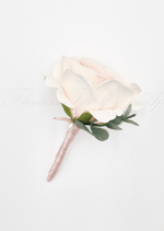 Artificial wedding boutonniere, angled view of a faux rose and smaller flowers. For formals, proms and ball occasions. Made in Melbourne by Flowers For Ever After, shipping Australia and Worldwide.