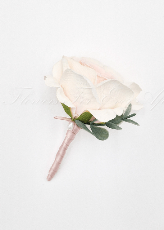 Artificial wedding boutonniere, angled view of a faux rose and smaller flowers. For formals, proms and ball occasions. Made in Melbourne by Flowers For Ever After, shipping Australia and Worldwide.