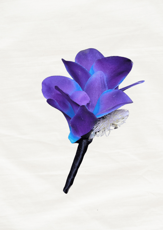 Artificial wedding boutonniere with purple and blue faux orchids, a pale feathery sprig and a dark-wrapped stem. For formals, proms and ball occasions. Made in Melbourne by Flowers For Ever After, shipping Australia and Worldwide.