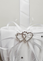 Artificial wedding flower and faux petal basket detail showing white ribbon bow, twin-heart jewel accent and small sparkling gems. Made in Melbourne by Flowers For Ever After, shipping Australia and Worldwide.