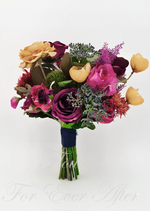 Artificial wedding bridesmaid bouquet close-up with burgundy and pink faux roses, yellow flowers and textured greenery. Made in Melbourne by Flowers For Ever After, shipping Australia and Worldwide.