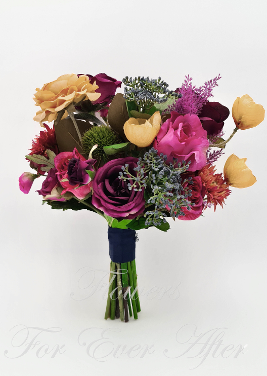 Artificial wedding bridesmaid bouquet close-up with burgundy and pink faux roses, yellow flowers and textured greenery. Made in Melbourne by Flowers For Ever After, shipping Australia and Worldwide.