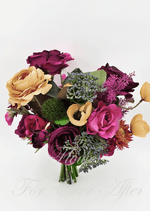 Artificial wedding bridesmaid bouquet with burgundy and pink faux roses, yellow blooms, a green thistle and grey-green filler flowers. Made in Melbourne by Flowers For Ever After, shipping Australia and Worldwide.