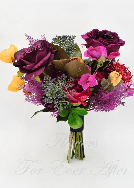Artificial wedding bridesmaid bouquet, front view of burgundy and pink faux roses, yellow flowers and textured green foliage. Made in Melbourne by Flowers For Ever After, shipping Australia and Worldwide.