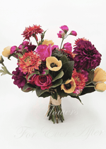 Artificial wedding bridal bouquet, reverse view of burgundy faux dahlias, pink roses, yellow blooms and coral flowers. Made in Melbourne by Flowers For Ever After, shipping Australia and Worldwide.