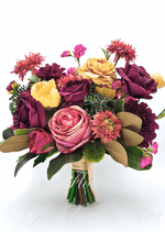 Artificial wedding bridal bouquet with burgundy and dusty pink faux roses, yellow blooms, coral flowers and green foliage. Made in Melbourne by Flowers For Ever After, shipping Australia and Worldwide.