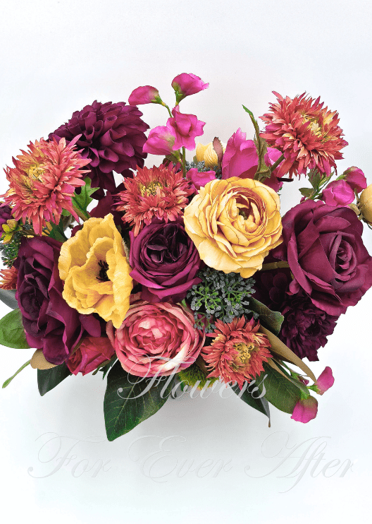 Artificial wedding bridal bouquet, overhead view of burgundy and dusty pink faux roses, yellow blooms and coral flowers. Made in Melbourne by Flowers For Ever After, shipping Australia and Worldwide.