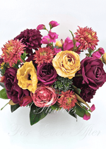Artificial wedding bridal bouquet, overhead view of burgundy and dusty pink faux roses, yellow blooms and coral flowers. Made in Melbourne by Flowers For Ever After, shipping Australia and Worldwide.
