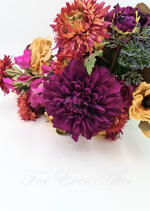 Artificial wedding bouquet close-up with burgundy faux dahlias, coral flowers, yellow blooms and textured green foliage. Made in Melbourne by Flowers For Ever After, shipping Australia and Worldwide.