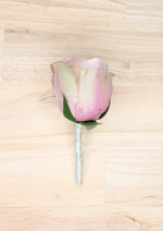 Artificial wedding boutonniere with pink-and-ivory faux rosebud, green sepals and ivory-wrapped stem. For formals, proms and ball occasions. Made in Melbourne by Flowers For Ever After, shipping Australia and Worldwide.