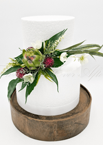 Artificial wedding cake decoration with green faux protea blooms, small flowers and native-style foliage. For birthday, event and celebration cakes. Made in Melbourne by Flowers For Ever After, shipping Australia and Worldwide.