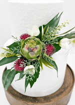 Artificial wedding cake flower set with green faux protea blooms and native-style leaves. For birthday, event and celebration cakes. Made in Melbourne by Flowers For Ever After, shipping Australia and Worldwide.
