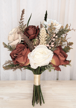 Artificial wedding bouquet, reverse view of terracotta and ivory faux roses, pale sprigs and narrow textured foliage. Made in Melbourne by Flowers For Ever After, shipping Australia and Worldwide.