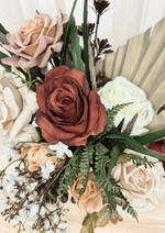 Artificial wedding bouquet detail showing terracotta and beige faux roses, ivory ranunculus, fern-like leaves and pale fan leaf. Made in Melbourne by Flowers For Ever After, shipping Australia and Worldwide.