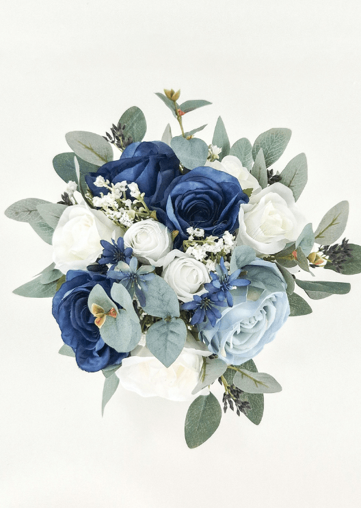 Artificial wedding bouquet, overhead view of navy, pale blue and white faux roses, tiny white flowers, blue blossoms and eucalyptus. Made in Melbourne by Flowers For Ever After, shipping Australia and Worldwide.