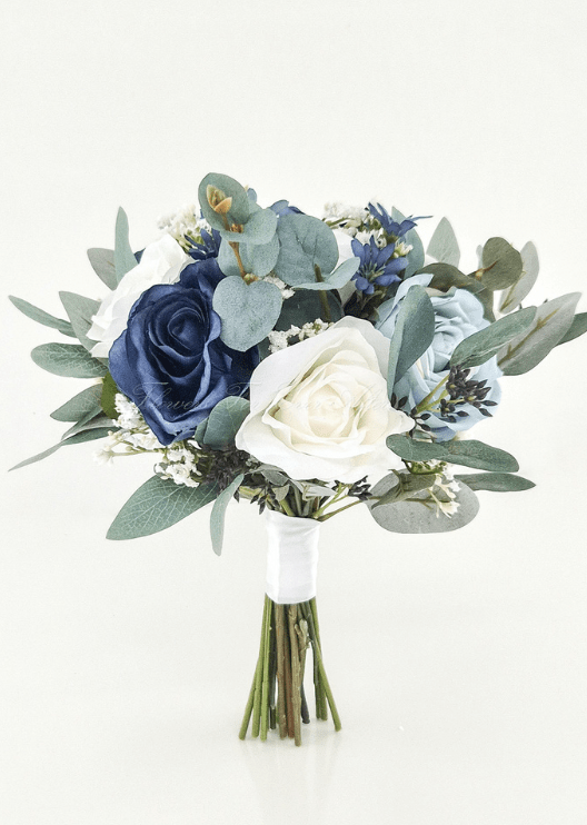 Artificial wedding bridesmaid bouquet with navy, pale blue and white faux roses, tiny white flowers and eucalyptus above white-wrapped stems. Made in Melbourne by Flowers For Ever After, shipping Australia and Worldwide.