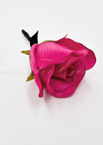 Artificial wedding boutonniere, top view of a hot pink faux rose with small pale flowers. For formals, proms and ball occasions. Made in Melbourne by Flowers For Ever After, shipping Australia and Worldwide.