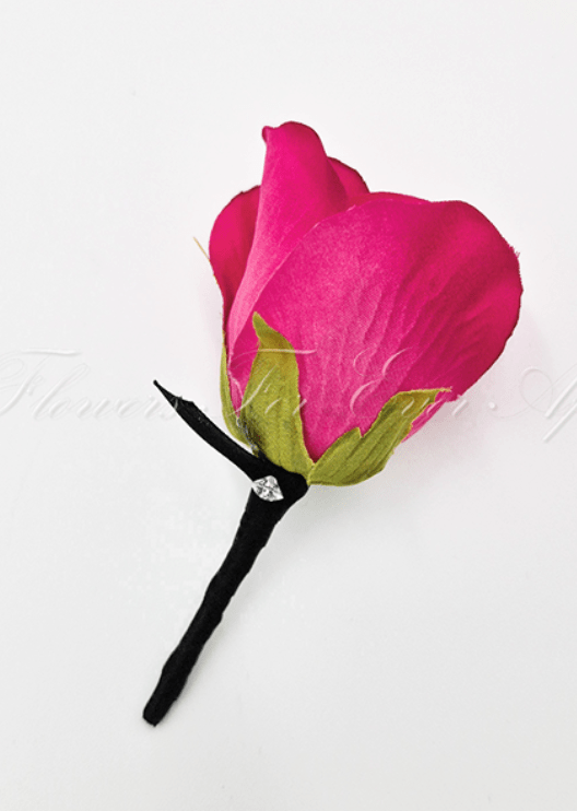 Artificial wedding boutonniere with a hot pink faux rose, small pale blooms and wrapped stems. For formals, proms and ball occasions. Made in Melbourne by Flowers For Ever After, shipping Australia and Worldwide.