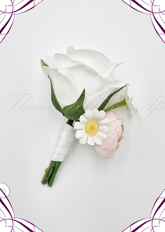 Artificial wedding boutonniere with a white faux rose, pale pink rosebud, small white daisy and ivory-wrapped stems. For formals, proms and ball occasions. Made in Melbourne by Flowers For Ever After, shipping Australia and Worldwide.