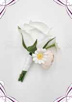 Artificial wedding boutonniere with a white faux rose, pale pink rosebud, small white daisy and ivory-wrapped stems. For formals, proms and ball occasions. Made in Melbourne by Flowers For Ever After, shipping Australia and Worldwide.